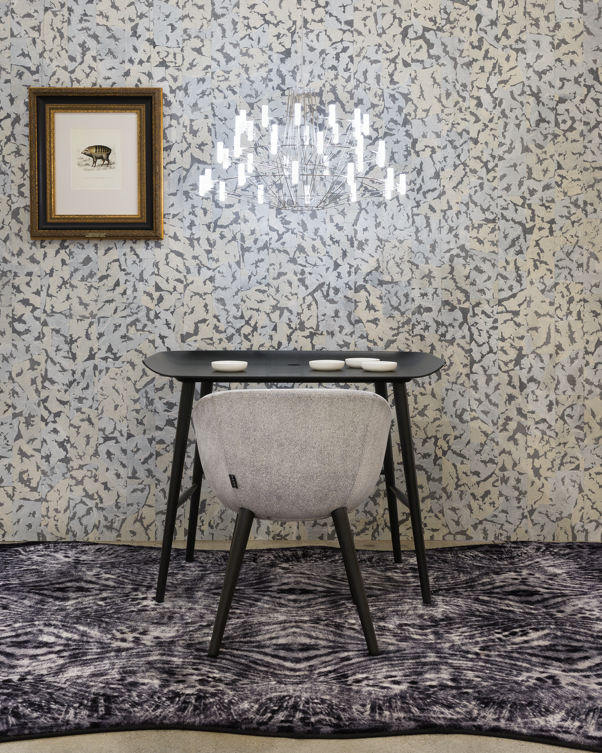 Interior of New York Showroom 2018 with Coppelia suspension light, Woood Desk and Love Dining Chair